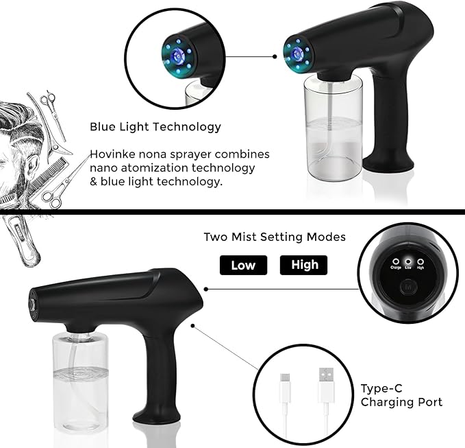 Barber Spray Bottle with Blue Light, Rechargeable Electrostatic Atomizer Sprayer, Nano Mist Sprayer for Stylist,Barber and Home Use