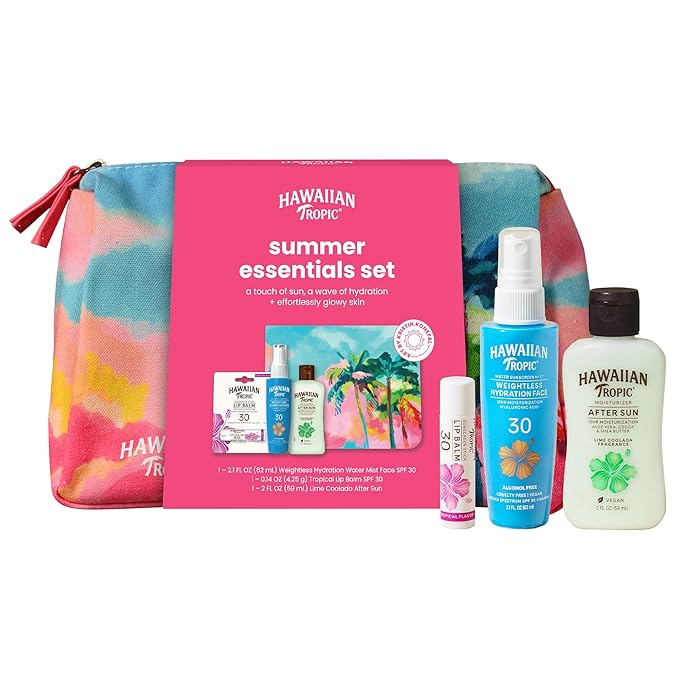 Hawaiian Tropic Summer Essentials Set – Includes Travel Size Sunscreen for Face, SPF Lip Balm, After Sun Lotion & Kristin Konefal Bag | Sunscreen Set, Beach Essentials, Beach Gifts, Travel Kit