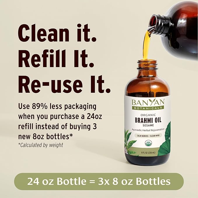 Banyan Botanicals Brahmi Oil with Sesame Base – Organic Ayurvedic Massage Oil with Gotu Kola and Bacopa ­­– Calming Massage Oil for Focus & Relaxation – 8 oz – Non GMO Sustainably Sourced Abhyanga Oil