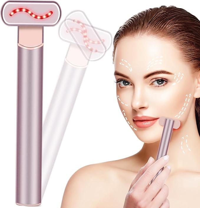 Red Light Therapy for Face,Facial Wand 4 in 1, Red Light Therapy Wand with Microcurrent, Face Lift Device for Face Massager to Reduce Wrinkles, Anti-Aging Facial Tools, USB Rechargeable (Pink