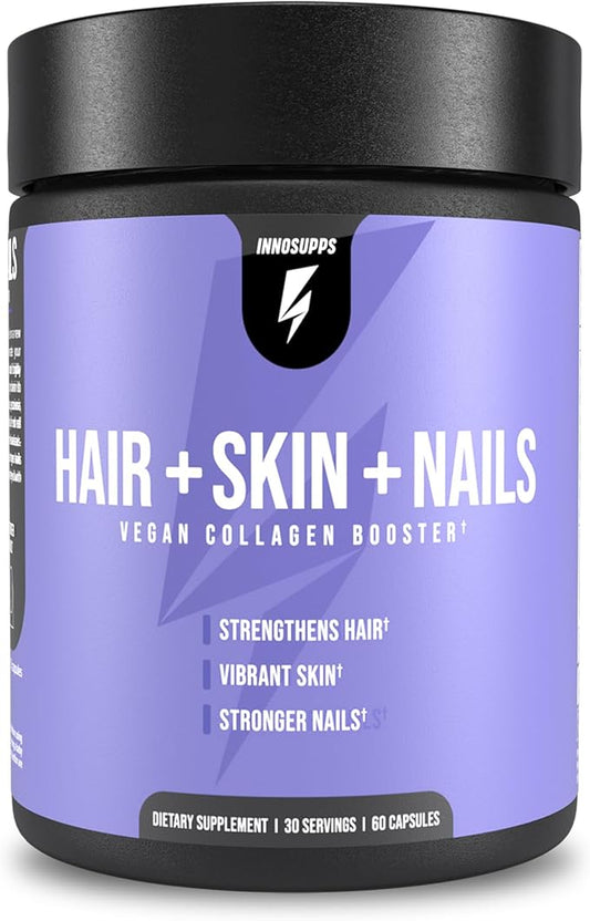 InnoSupps Hair + Skin + Nails Supplement | Vegan Collagen Booster | Biotin, B12, Horsetail Herb Powder | Stimulate Hair Growth, Revitalize Skin, Strengthen Nails | 60 Capsules