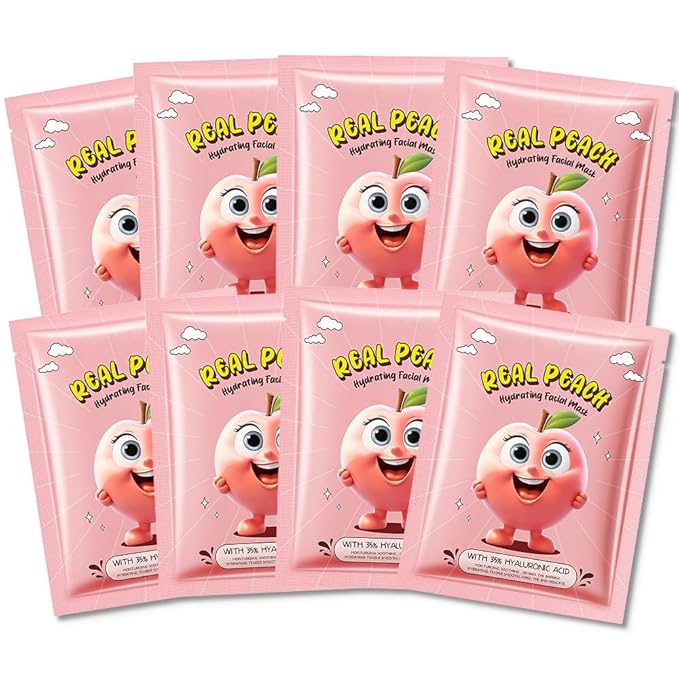 8 Pack Peach Fruit Face Masks for Kids,Hydrating Spa Face Mask For Sensitive Skin,Moisturize,Soothing,Nourish for All Skin Types,Natural Spa Face Mask for Women Men Girls