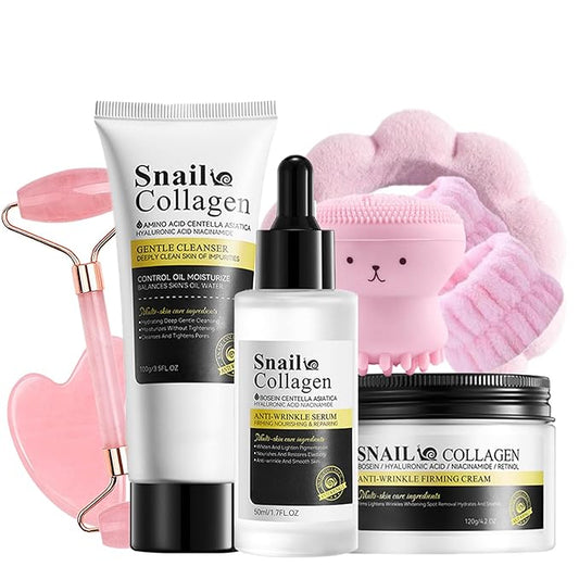 All About Snail Mucin Kit - Anti Aging Skin Care Set for Women - Hydrating Skin Care Routine Kit for Women with Cleanser ,Snail Mucin Moisturizer,Serum for Face,Jade Roller,Headband for All Skin Types
