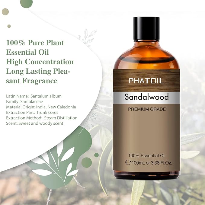 100ML Sandalwood Essential Oil, Pure Aromatherapy Essential Oils for Diffuser, Humidifier, Relax, Scented Oils for Soap, Candle Making, Huge 3.38fl.oz Bottle