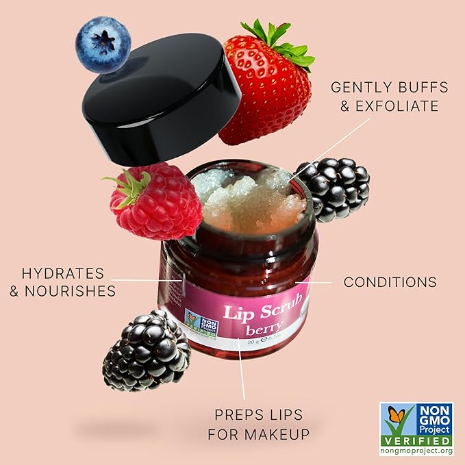 Lip Scrub Exfoliator Berry - USA Made Sugar Lip Scrubber with Natural & Organic Ingredients