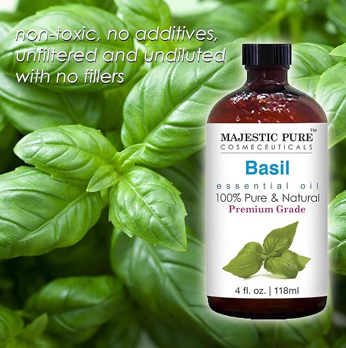 MAJESTIC PURE Basil Essential Oil | 100% Pure and Natural Basil Oil | Premium Grade Essential Oils for Hair Care, Home Diffusers, Skin, Aromatherapy, Massage and Humidifiers | 4 Fl Oz