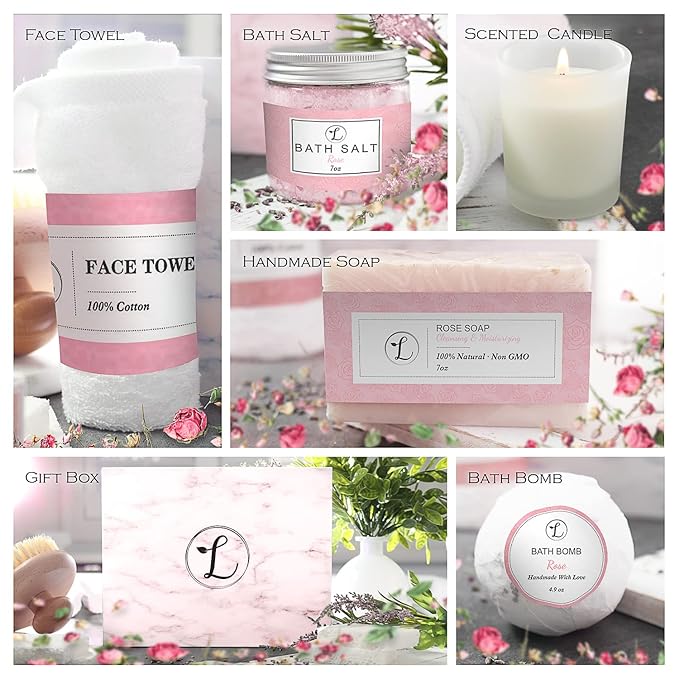 Spa Gift Set 100% Natural, Gift Box Includes: Bath Bomb, Bath Salt, Hand Soap, Scented Candle, Face Cloth and Gift Box. Best Gift for Her. (Rose)
