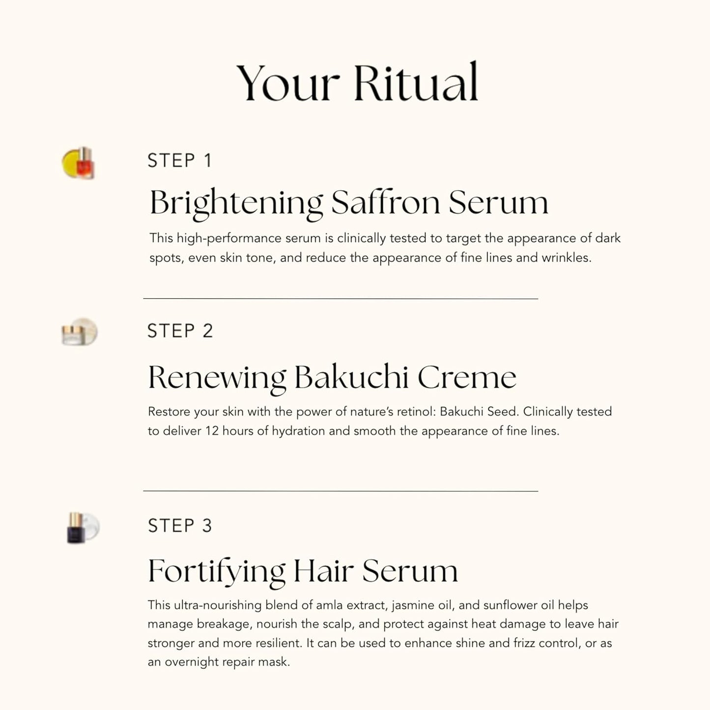 RANAVAT Royal Trio Travel Size Gift Set - Set Includes Brightening Saffron Face Serum, Renewing Bakuchi Face Cream & Fortifying Hair Serum - Clinically Tested Vegan Skincare & Haircare (3 Count)