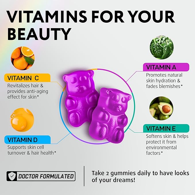 Hair Skin and Nails Gummies with Biotin Collagen Keratin Astragalus - Hair Growth Supplement & Hair Vitamins for Hair Loss for Women & Men, Hair Skin and Nails Multivitamin B7 Gummies, 60 Gummy Bears