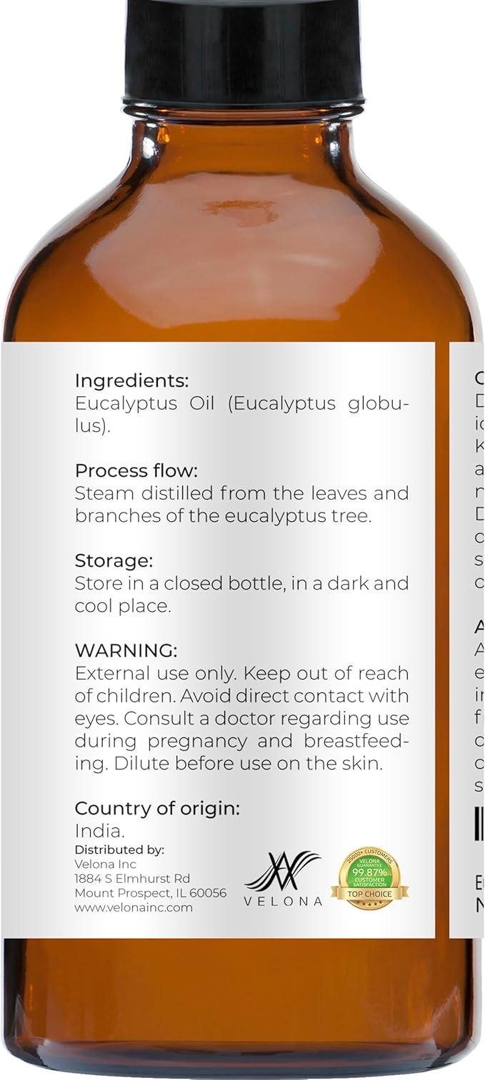 Eucalyptus Essential Oil by Velona - 4 oz | Therapeutic Grade 100% Pure and Natural | for Aromatherapy Diffuser, Massage, Skincare, Haircare, Soapmaking | Undiluted and Multipurpose in Glass Bottle