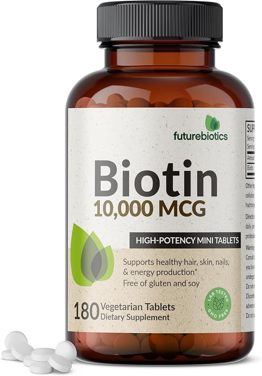 Futurebiotics Biotin 10,000 MCG High Potency Tablets Supports Healthy Hair, Skin & Nails & Energy Production, Non-GMO, 180 Vegetarian Tablets