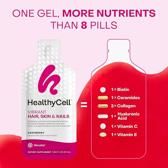 Healthycell Vibrant Hair Skin & Nails Daily Liquid Supplement - Beauty Supplements with Hydrating Nutrients & Essential Vitamins - Collagen, Biotin & Hyaluronic Acid - 30 Gel Packs
