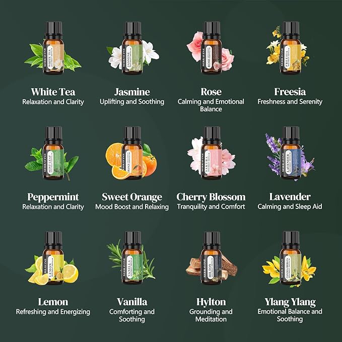 Natural Essential Oils Set, 12 Best Aromatherapy Diffuser Oils with Gift Box & Bag, Essential Oil for Diffusers for Home, Lavender,Lemon,Orange,Vanilla,Jasmine,Rose, Peppermint, White Tea, Freesia