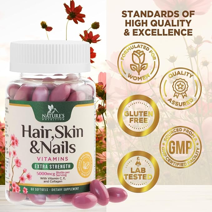 Hair Vitamins Women, Ultra Strength 5000mcg Biotin, Collagen, PABA & More - Womens Hair Growth, Skin, Nails & Keratin Support Supplement, Infused w/ Argan Oil & Hyaluronic Acid, Non-GMO - 60 Softgels