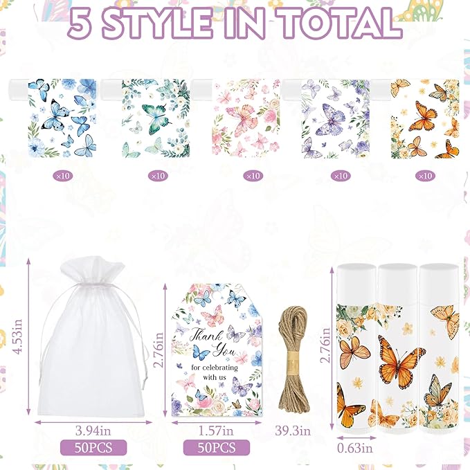 50Pcs Butterfly Baby Shower Favors Lip Balm Bulk Thank You Gift for Women Staff Moisturizing Lip Care with Organza Bag and Tag for Bridal Shower Mother's Day Party Favor Supplies (Butterfly)