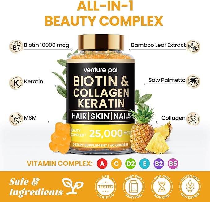 Venture Pal Biotin Gummies with Collagen & Keratin - Hair Growth Support Skin and Nail Strength Vitamins for Women & Men - Biotin 10000mcg | B-Complex | Saw Palmetto - Sugar Free, Non-GMO, 60ct