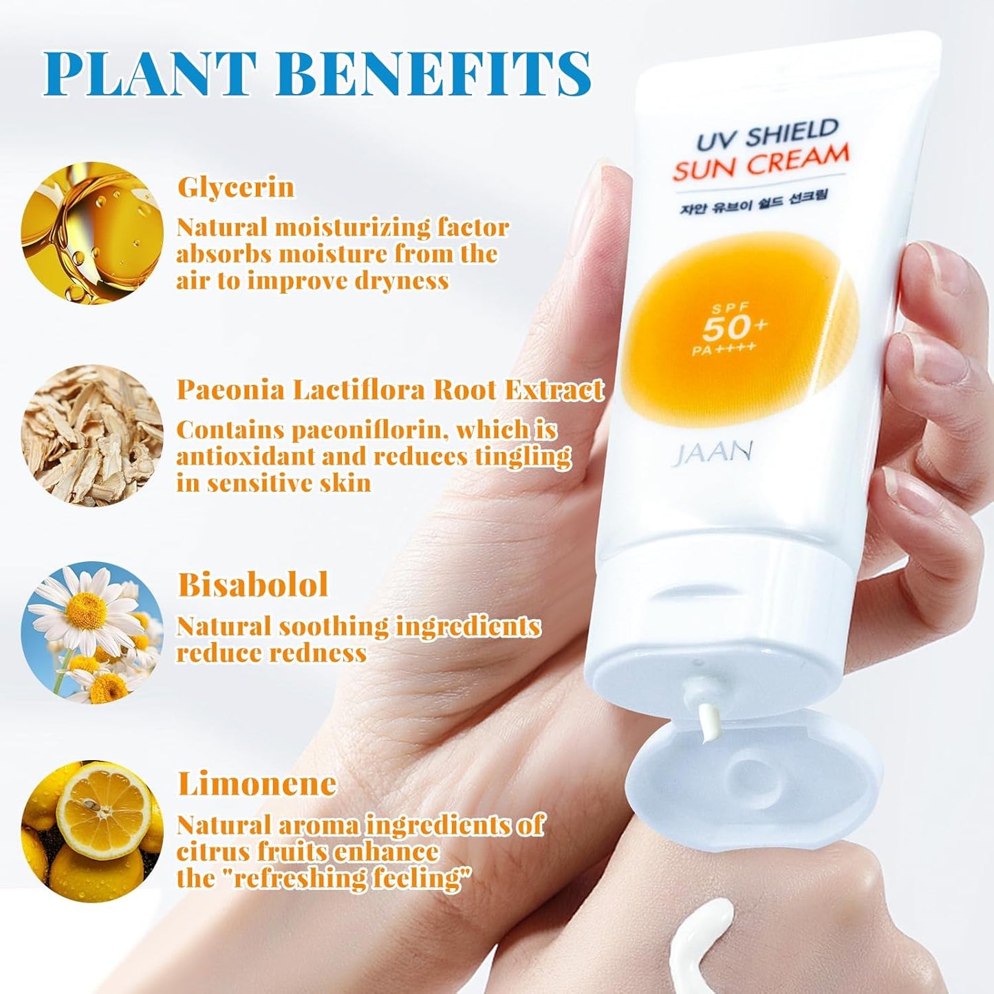 JAAN Korean Moisturizing Sunscreen SPF 50+ Pa++++, Broad Spectrum Care Sun Lotion for Face, Facial UV Protection, Non-Greasy & No White Cast, Safe for All Skin Types, Milk White, 1.69fl.Oz./50ml