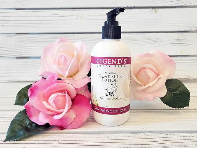 Legend's Creek Farm Goat Milk Lotion - Moisturizing Goat Milk Body Lotion for Body, Hand & Face - 9 oz Body Moisturizer with Shea Butter, Sunflower Oil, Aloe, Handmade in USA (Sandalwood Rose L.)