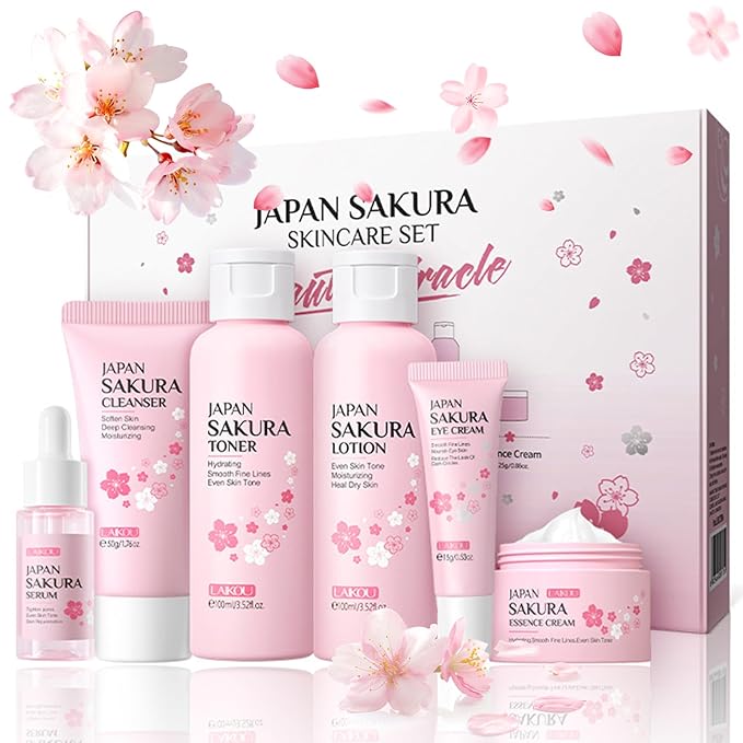 6 Pcs Skin Care Sets JAPAN SAKURA Women Beauty Gift Sets Sakura Skin Care Kit with Cleanser, Toner, Serum, Eye Cream, Lotion, Essence Cream Travel Kit for Women Teen Girls