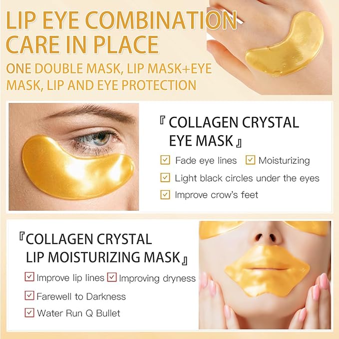 30 Pairs Lip Masks & Eye Mask, 24K Under Eye Masks and Collagen Crystal Gel Lip Mask, Under Eye Patches for Puffy Eyes, Dark Circles, Eye Bags, Wrinkles, Revitalises & Refreshes Your Skin