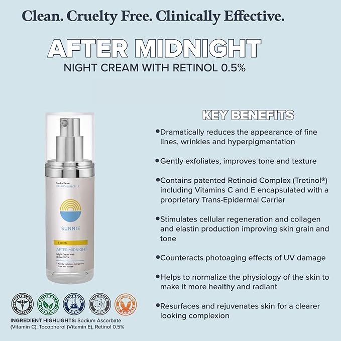 SUNNIE After Midnight 0.5% Retinol Night Cream, After Midnight Anti Aging Face Moisturizer, Restorative Night Cream, Reduce Fine Lines and Wrinkles (1 oz/28 g)