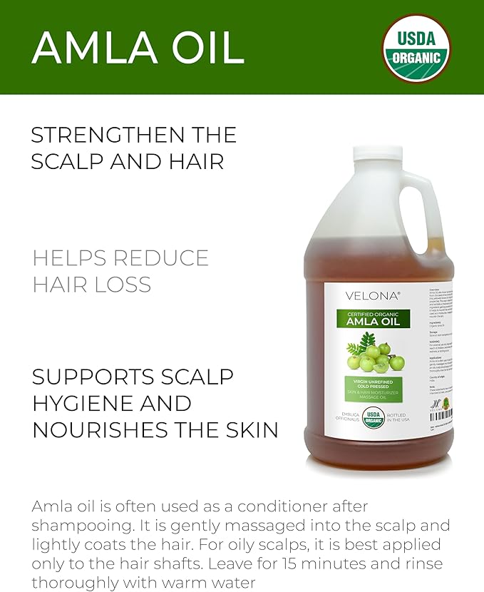 velona Amla Oil USDA Certified Organic - 64 Fl Oz | 100% Pure and Natural Carrier Oil | Extra Virgin, Unrefined, Cold Pressed