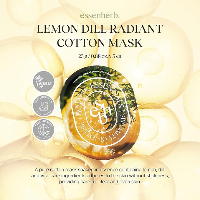 Lemon Dill Radiant Glow Cotton Mask, Brightening, Vegan, Korean Skin Care Face Mask 25g*5 sheets