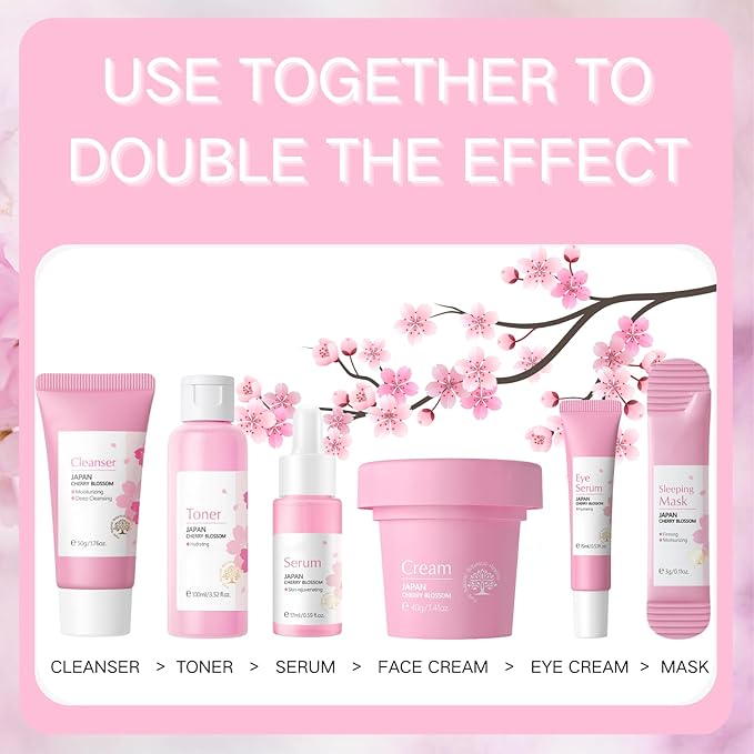 Sakura Skin Care Set, Women Gift Sets, Skin Care Kit with Cleanser, Toner, Serum, Eye Cream, Face Cream and 2Pcs Sleep Mask, Skin Care Routine Kit for Women, Even Skin Tone, Skin Care Sets & Kits