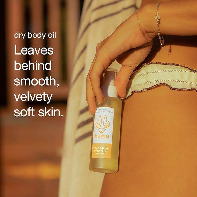 HUME SUPERNATURAL Dry Body Oil Spray - Ultra Hydrating Oil for Dry Skin, Light and Nourishing Body Oils for Women and Men, Long-Lasting Moisture (Amber Woods 2-Pack)