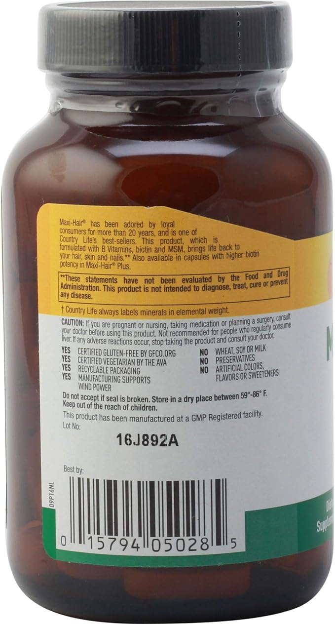 Country Life Maxi-Hair Supplement - 2000mcg Biotin & Vitamins for Hair, Skin & Nails - Certified Gluten-Free & Vegetarian - Supports Hair Growth, 60 Tablets