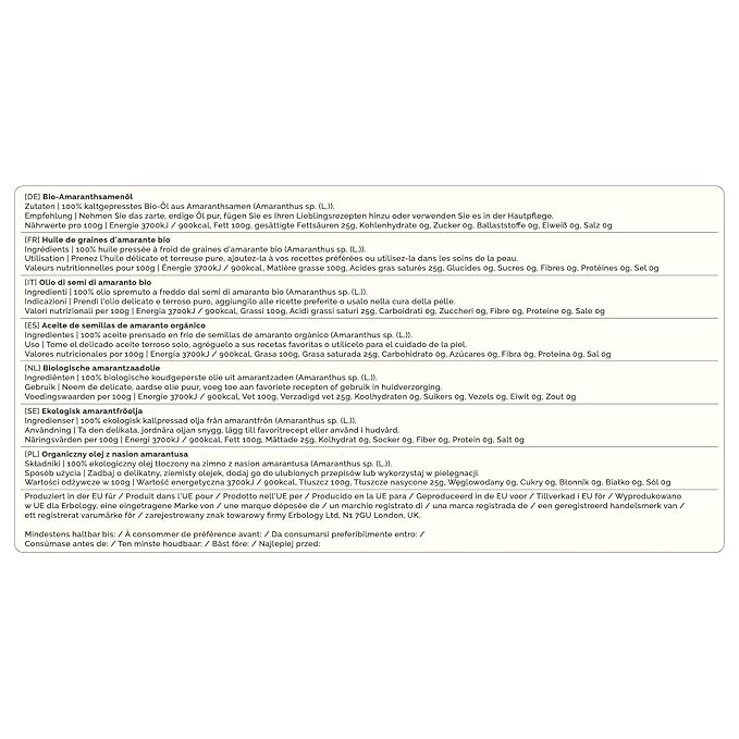 Erbology Organic Amaranth Oil 1.7 fl oz - Cold-Pressed - Rich in Squalene (8%) and Vitamin E (580% RI) - Regenerate and Nourish - No Additives or Preservatives - Sustainably Sourced - Vegan - GMO-Free