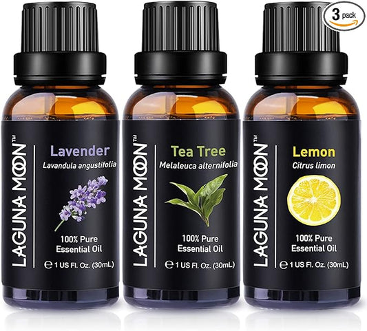 Pure Tea Tree, Lavender, Lemon Essential Oils - Top 3pc Oil Gift Set - for Diffusers, Humidifiers, Massages, Yoga Room, Home, Office - Safe for Skin, Hair, & Nails (90mL Total)