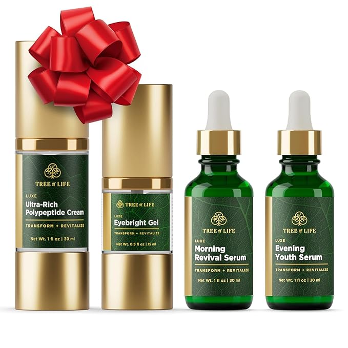 Tree of Life Age Defying Luxe Facial Skincare Regimen | Includes Morning Revival Serum, Evening Youth Serum, Polypeptide Cream (1 Oz) and Eyebright Eye Gel (0.5 Oz)