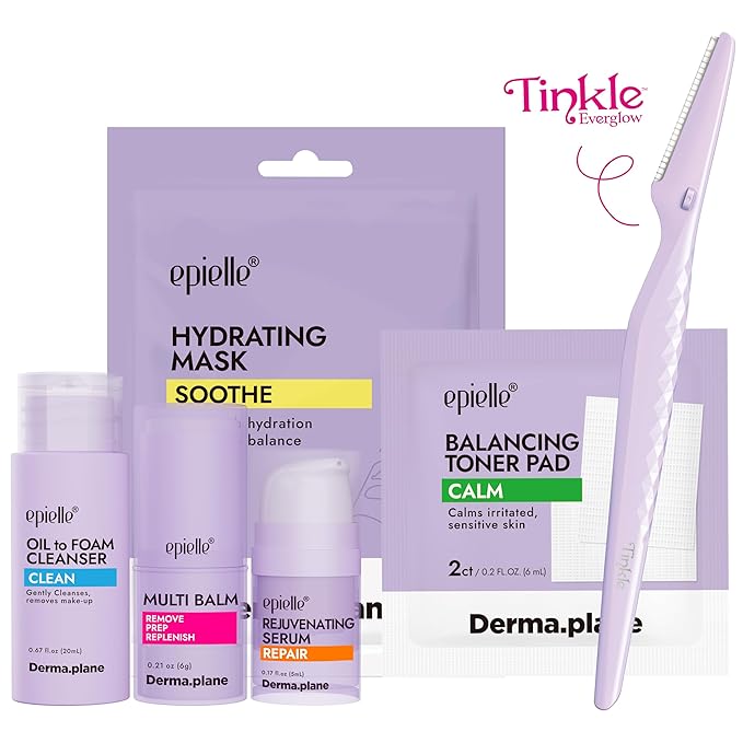 epielle & Tinkle Complete Safe Dermaplane Starter Kit: Safe Facial Renewal System Cleanser, Multi-Balm, Dermaplane Tool, Hydrating Mask & Serum, Peach Fuzz Removal Stocking Stuffer Dermaplaning Kit