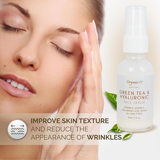 Hyaluronic Acid & Green Tea Face Serum – Anti-Aging Hydrating Serum with Vitamins C + E for Glowing Skin, Vegan & Cruelty-Free for All Skin Types – 30ml