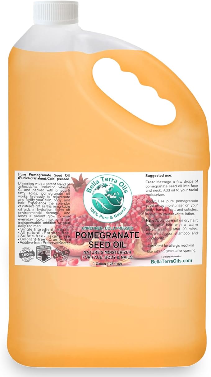 Bella Terra Oils Pomegranate Seed Oil – 1 Gallon – 100% Pure & Natural, Cold-Pressed, Unrefined – Hydrating & Nourishing for Skin & Hair – Antioxidant-Rich Beauty Oil