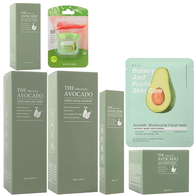Avocado Skin Care Set, 9-In-1 Travel Skincare Kits for Hydrating & Soothing Skin, Daily Care Routine Kit with Avocado, Anti Aging Facial Kit for Women, Reduces Acne, Fine Lines & Wrinkles.