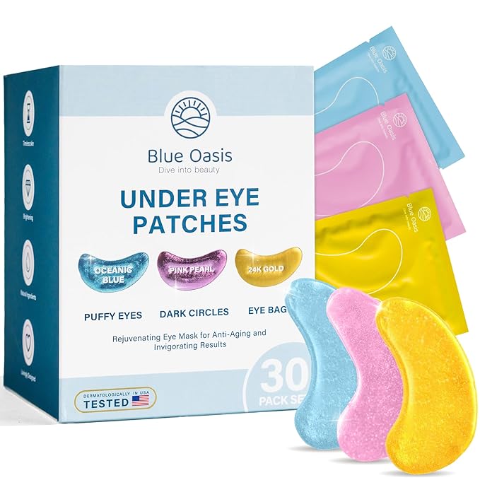 Blue Oasis Under Eye Patches for Puffy Eyes and Dark Circles - 30 Pairs Multi Pack Hydrating Hyaluronic Acid and Collagen Eye Care Gel Pads for Eye Bags, Relaxing Self Care Home Spa Gifts for Women