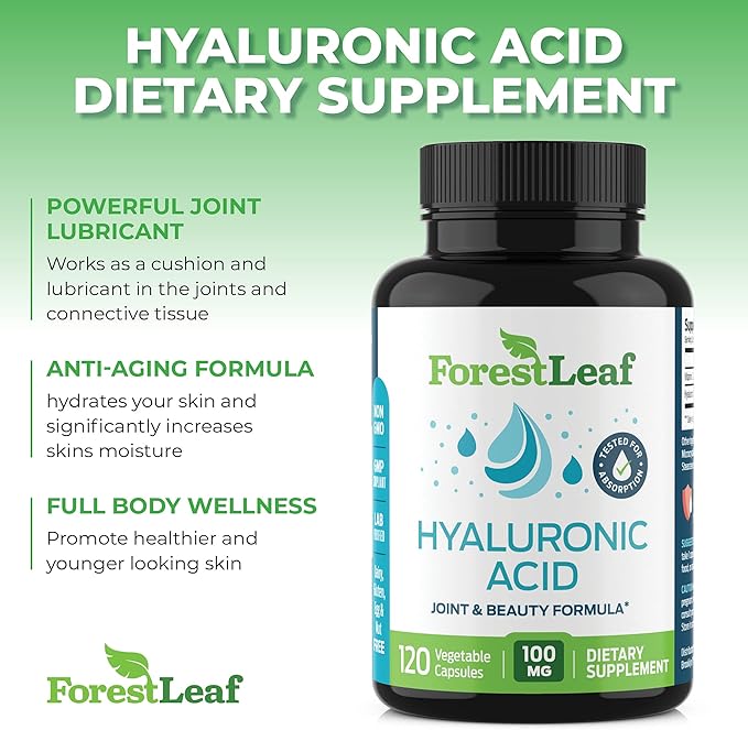 ForestLeaf Hyaluronic Acid Supplements | 100mg High Bioavailable Dietary Hyaluronic Acid Capsules, Pills + 50mg VIT C | Supports Skin Hydration, Joint Lubrication, Anti-Aging, Hair & Nails | 120 Caps