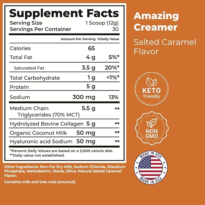 Superfoods Company Amazing Creamer with Collagen - Keto Creamer-Hyaluronic Acid & MCT Oil - Brain Boost & Curbs Cravings - Supports Healthy Skin & Hair - Diet-Friendly [60 Servings] [Salted Caramel]