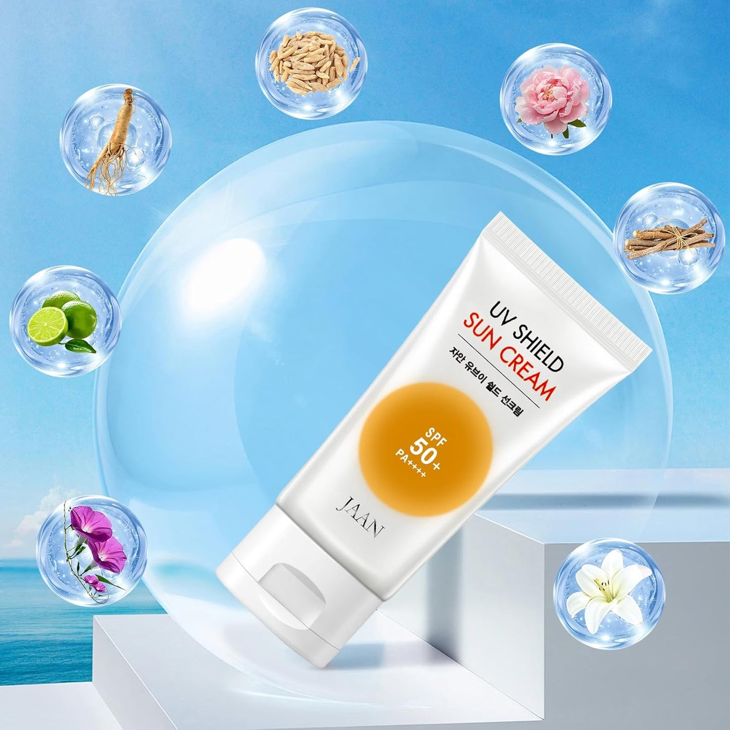 JAAN Korean Moisturizing Sunscreen SPF 50+ Pa++++, Broad Spectrum Care Sun Lotion for Face, Facial UV Protection, Non-Greasy & No White Cast, Safe for All Skin Types, Milk White, 1.69fl.Oz./50ml