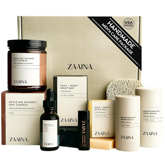 Men's Self Care Package, Father's Day Gifts for Men, Relaxation Spa Gift Set for Him - Luxury Natural Handmade Men Skin Care Kit with Whiskey Candle, Unique Self Care Gift for Men by ZAAINA