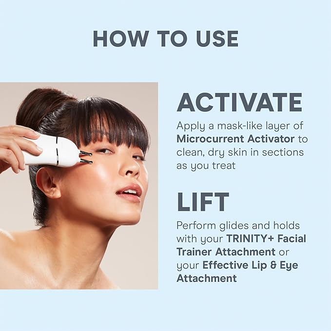 NuFACE TRINITY+ Microcurrent Facial Device + Effective Lip & Eye Attachment - FDA Cleared Skin Tightening & Face Toning Device for Targeted Treatment + Microcurrent Gel Activator, Silk Crème & Brush