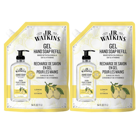 J.R. Watkins Gel Hand Soap Refill, Moisturizing Hand Wash, Formulated with Plant-Based Cleansers, Alcohol-Free, Cruelty-Free, Lemon, 34 Fl Oz, 2 Pack