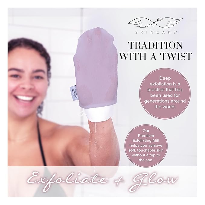 Seraphic Skincare (Lavender) Premium Exfoliating Mitt for Body (1pc) – 100% Vegan Viscose Traditional Body Scrub Glove Kessa Korean Washcloth – Body Exfoliator for Self-Tan Removal & Keratosis Pilaris
