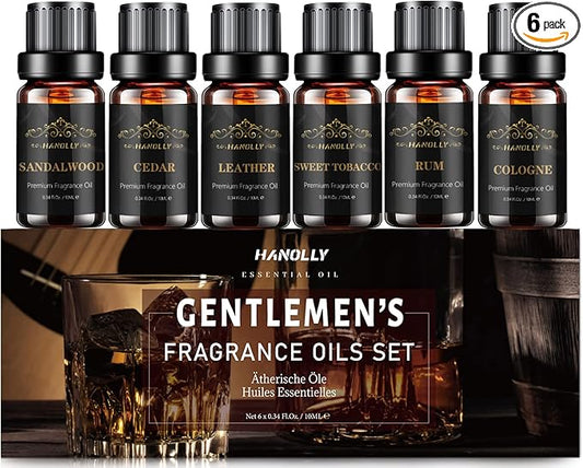 Essential Oils Set, Men Scents Fragrance Oil Aromatherapy Essential Oils Kit for Diffuser (6x10ML) - Sandalwood, Cedar, Leather, Sweet Tobacco, Rum, Cologne Aromatherapy Oils Gift for Men