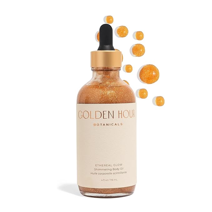 Organic Skincare Products Made in USA, Vegan, Cruelty Free, Moisturizing + Hydrating Shimmer Gold Glitter Body Oil, 4fl oz/118ml, Ethereal Glow