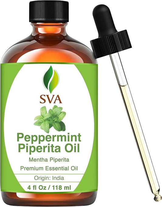 SVA Peppermint Piperita Essential Oil – 4 Fl Oz – 100% Natural Piperita Oil - for Diffuser, Hair Care, Face, Skin Care, Aromatherapy, Scalp and Body Massage, Soap and Candle Making - with Dropper