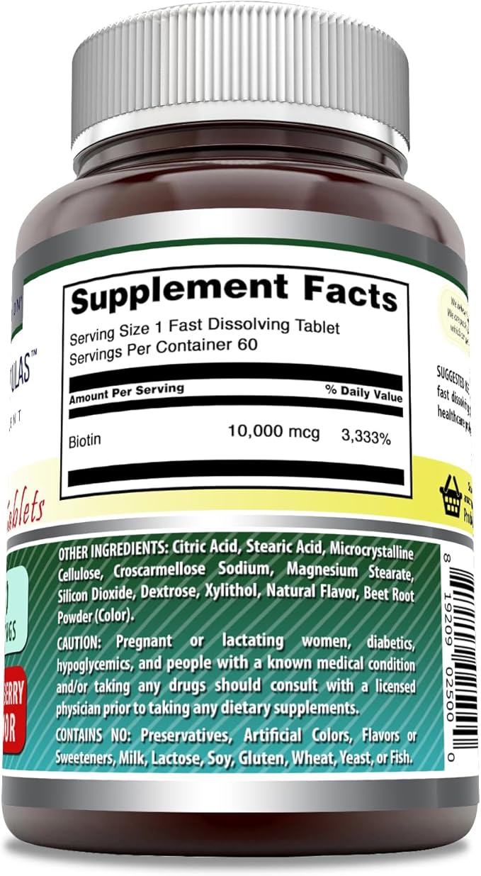 Amazing Formulas Biotin 10,000 mcg | Fast Dissolve Tablets | Non-GMO | Gluten Free Supplement | Made in USA (Strawberry | 60 Count)