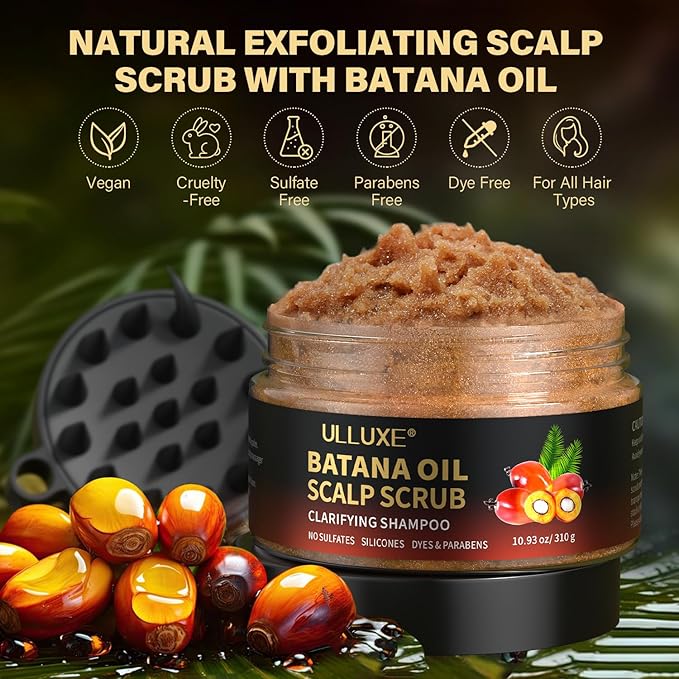 Scalp Scrub for Hair Growth, 2-in-1 Shampoo Scalp Exfoliator with Batana Oil, Rosemary, Mint Oil Remove Dandruff, Hair Treatment with Scalp Scrubber, Thinning Hair & Itchy Scalp Treatment, 10.93 oz